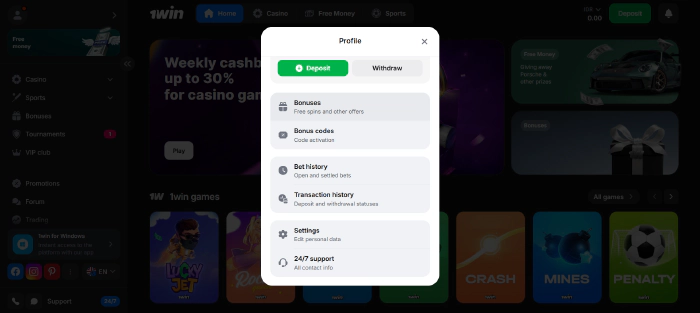 Step by step guide to make a deposit on 1win Indonesia